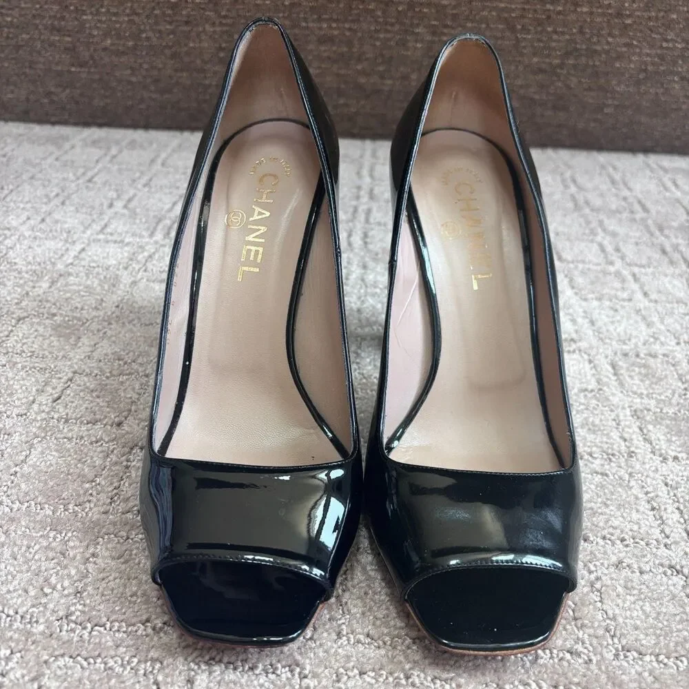 CHANEL Peep Toe Patent Leather Heels Women's EU 40 US 9-9.5 Black Open Classic